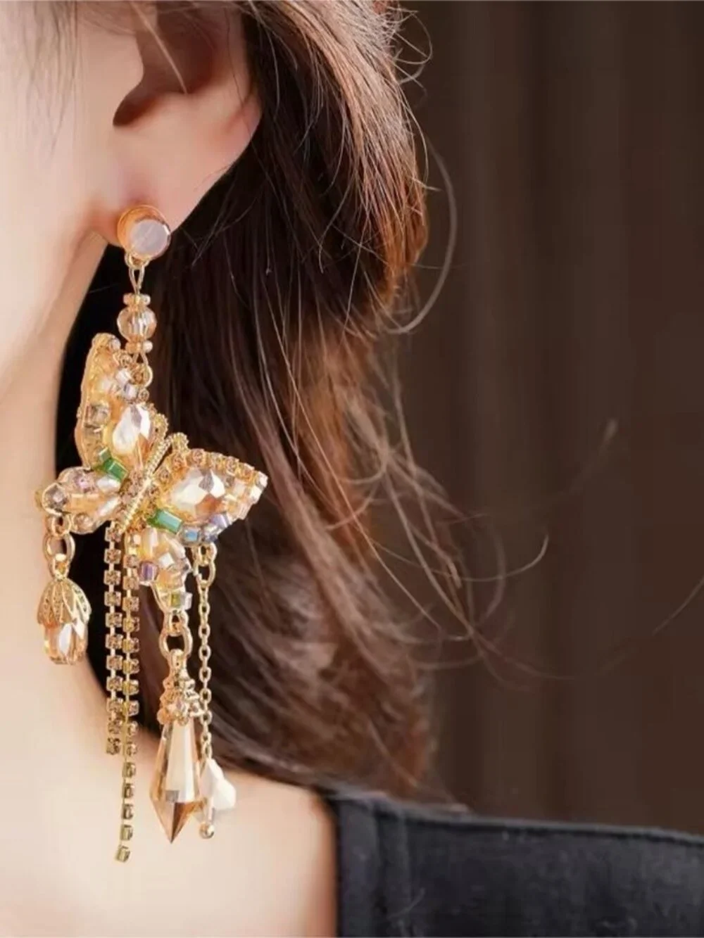 Gold Crystal Butterfly Drop Earrings with Green Accents